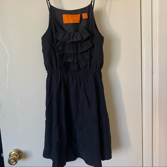 WYL 100% silk ruffle front spaghetti strap mini dress black XS NEW - Picture 1 of 4